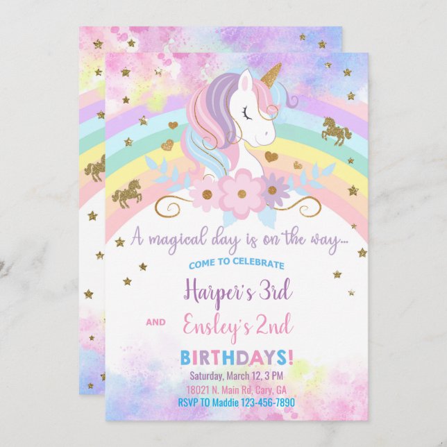 Invitation d'anniversaire à la licorne et aux frèr (Devant / Derrière)