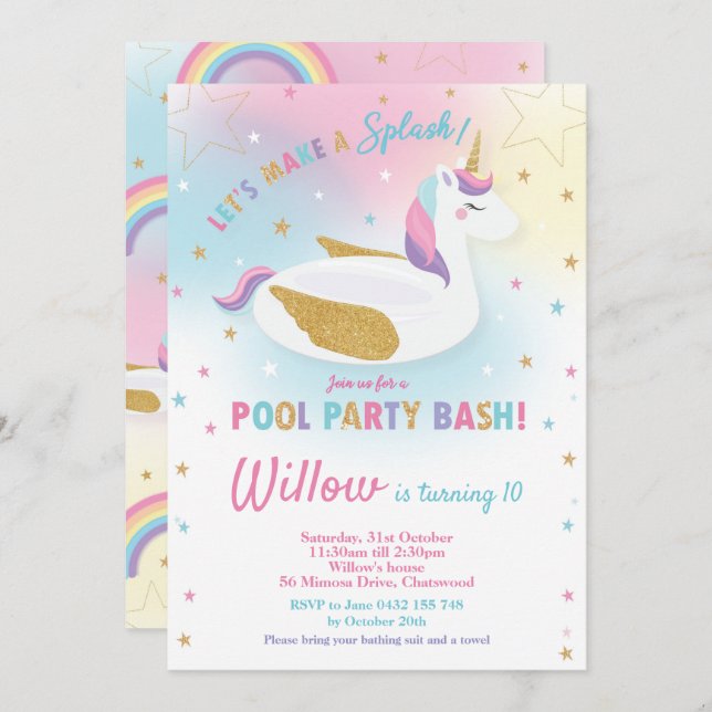 Invitation d'anniversaire à la Rainbow Unicorn Poo (Devant / Derrière)