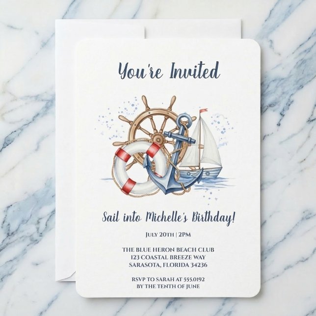 Invitation d'anniversaire à l'ancre nautique bleue (Party by the sea.)