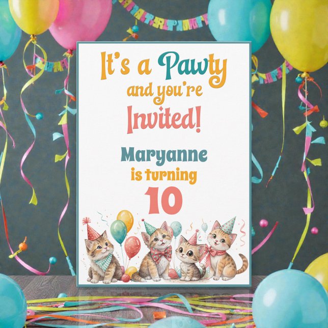 Invitation d'anniversaire à l'aquarelle de chat ca (Créateur téléchargé)