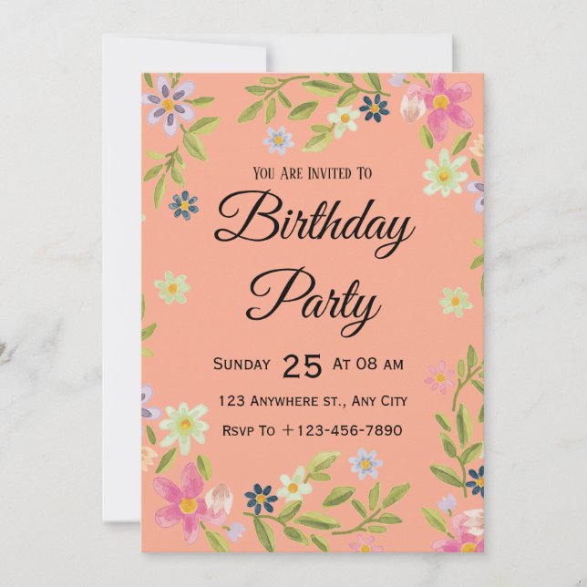 Invitation d'anniversaire à l'aquarelle florale (Devant)