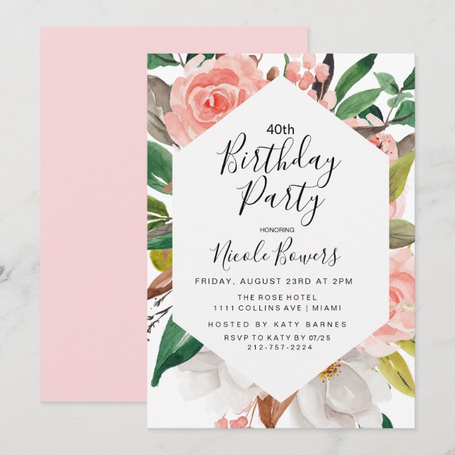 Invitation d'anniversaire à l'aquarelle florale -  (Devant / Derrière)