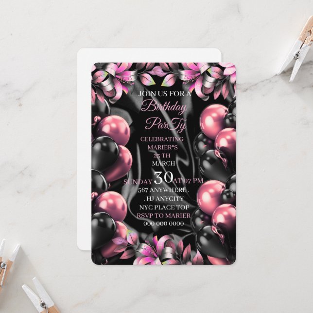 Invitation d'anniversaire à l'aquarelle rose fémin (Devant/Arrière en situation)
