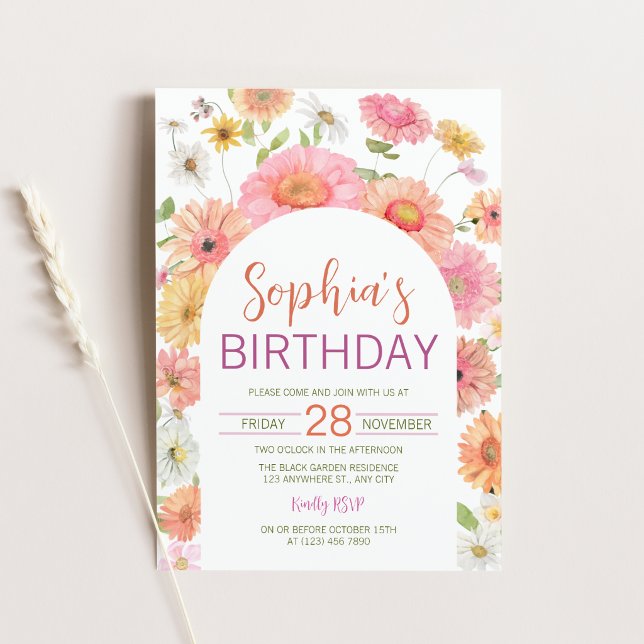 Invitation d'anniversaire à l'arche florale aquare (Gerbera Daisy Watercolor Floral Arch Birthday Invitation)