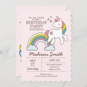 Invitation d'anniversaire à l'Unicorne Cute Rainbo