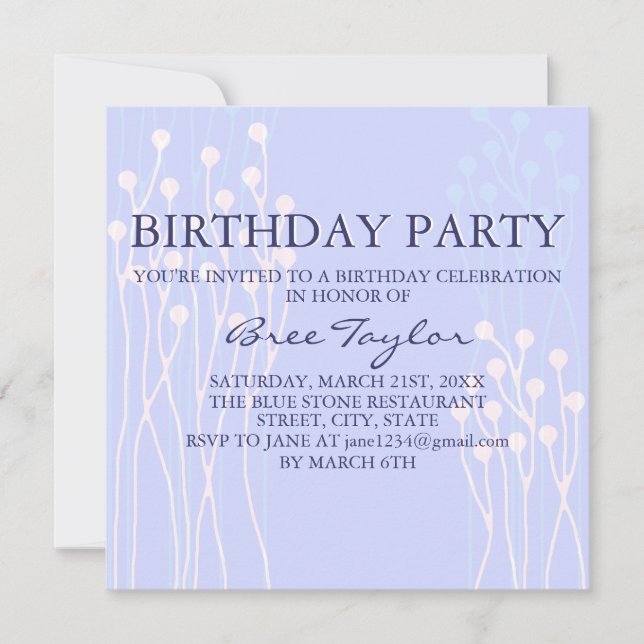 Invitation d'anniversaire à motif de brindilles bl (Devant)