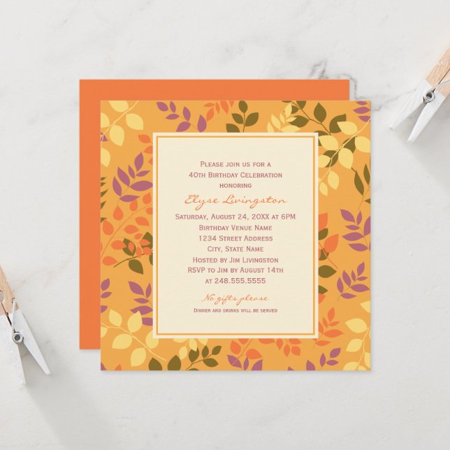 Invitation d'anniversaire à motif de feuille orang (Devant/Arrière en situation)