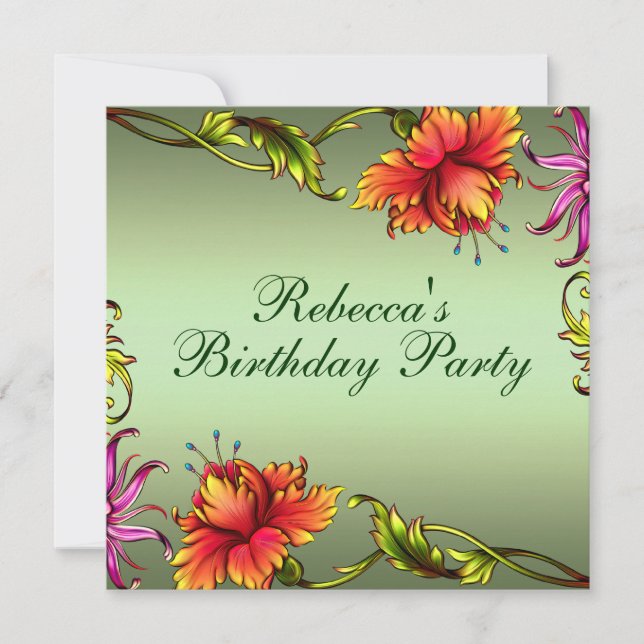 Invitation d'anniversaire à motif de fleurs vertes (Devant)