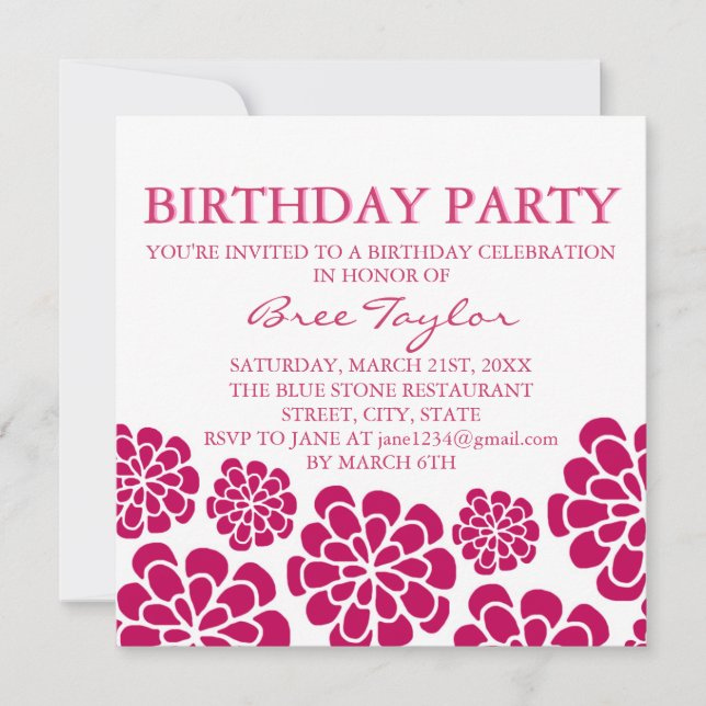 Invitation d'anniversaire à motif floral rose mode (Devant)