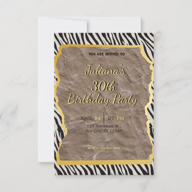 Invitation d'anniversaire à motif zèbre (Devant)