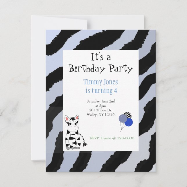 Invitation d'anniversaire à motif zèbre (Devant)