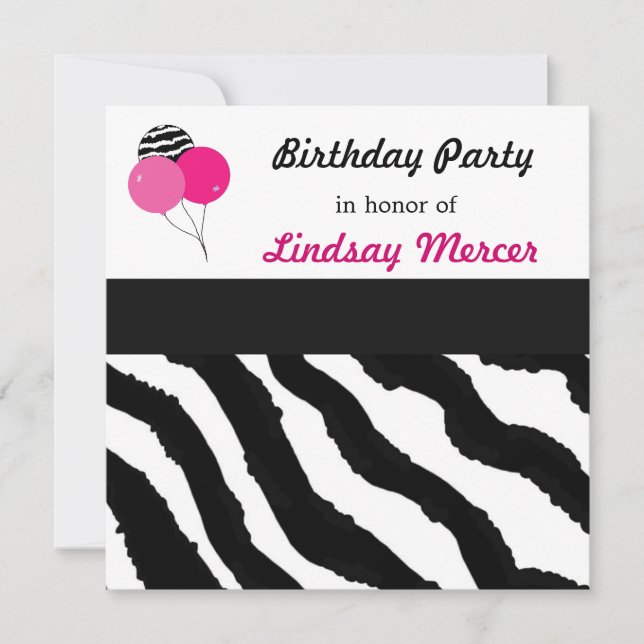Invitation d'anniversaire à motif zèbre (Devant)