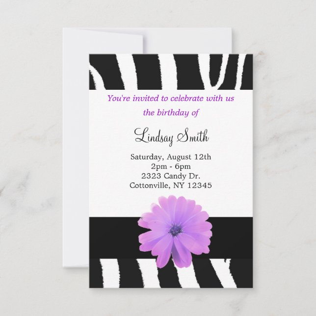 Invitation d'anniversaire à motif zèbre avec fleur (Devant)