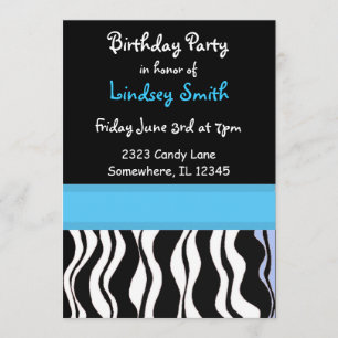 Invitation d'anniversaire à motif zèbre bleu et no