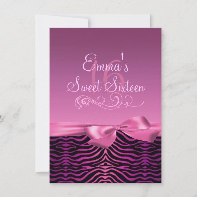 Invitation d'anniversaire à motif zèbre rose/noir  (Devant)