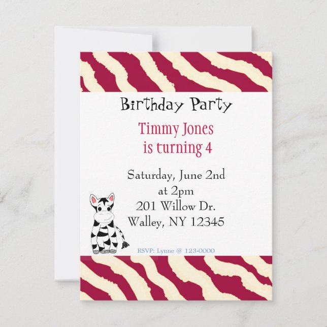 Invitation d'anniversaire à motif zèbre rouge et b (Devant)