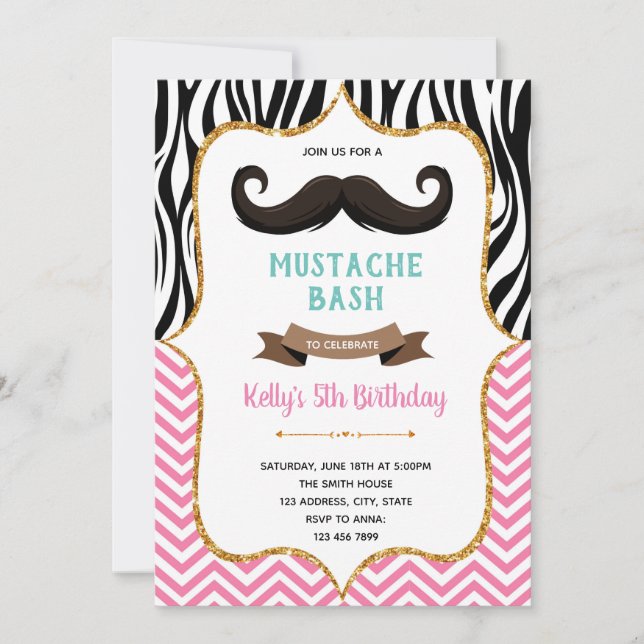 Invitation d'anniversaire à moustache rose (Devant)