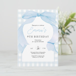 Invitation d'anniversaire à ruban gingham bleu