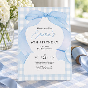Invitation d'anniversaire à ruban gingham bleu
