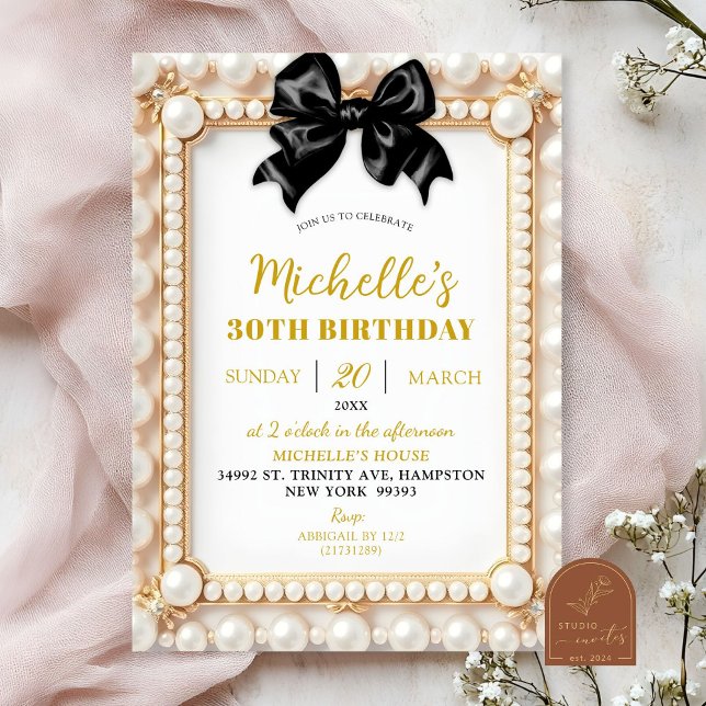 Invitation d'anniversaire à ruban noir perlé (Créateur téléchargé)