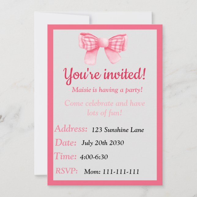 Invitation d'anniversaire à ruban rose (Devant)