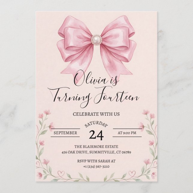 Invitation d'anniversaire à ruban rose Coquette (Devant)