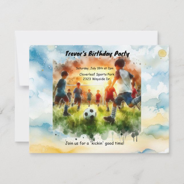 Invitation d'anniversaire à thème football aquarel (Devant)