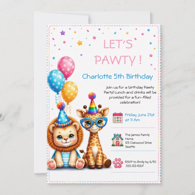 Invitation d'anniversaire adorable bébé lion & gir (Devant)