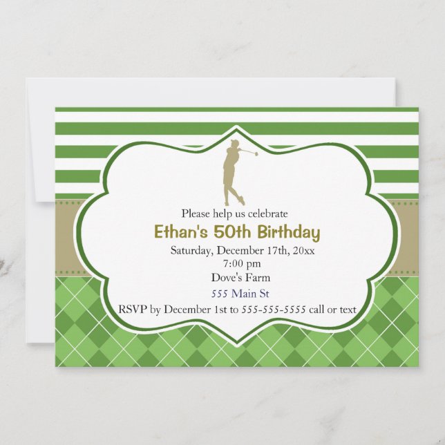 Invitation d'anniversaire adulte golf vert or (Devant)