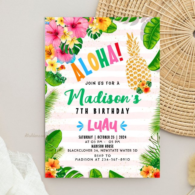 Invitation d'anniversaire Aloha Hawaïen à l'ananas (Aloha Hawaiian Pineapple Birthday Party Invitation)