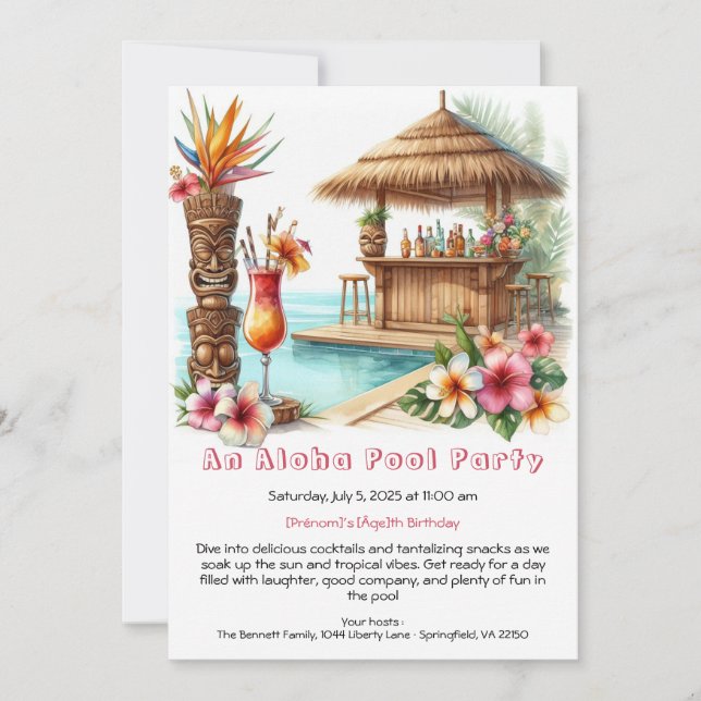 Invitation d'anniversaire Aloha Pool Party – Tropi (Devant)