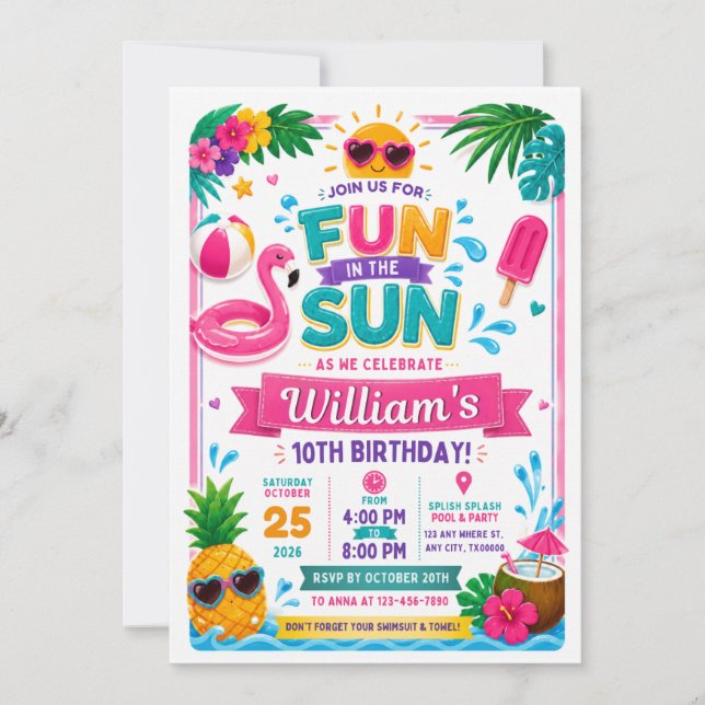 Invitation d'anniversaire Amusement au Soleil (Devant)
