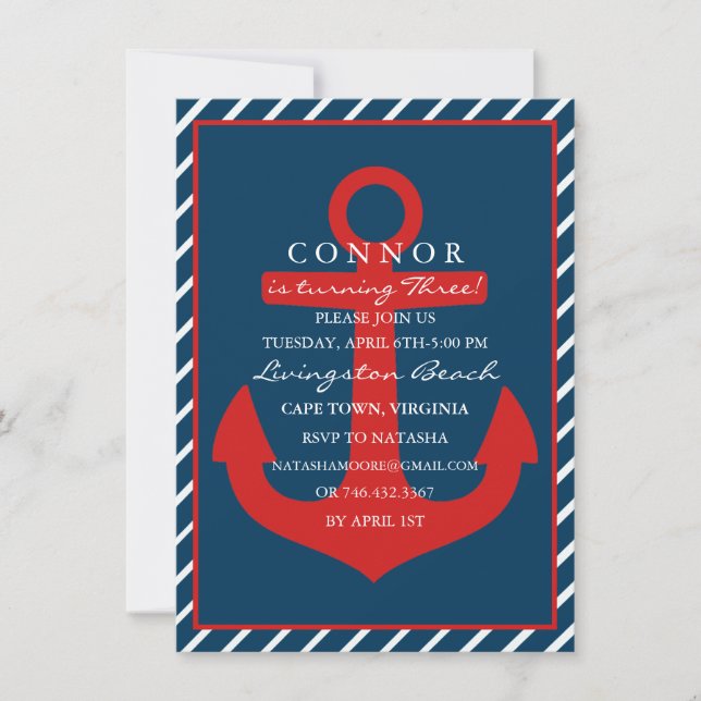 Invitation d'anniversaire Ancre Rouge & Bleue (Devant)