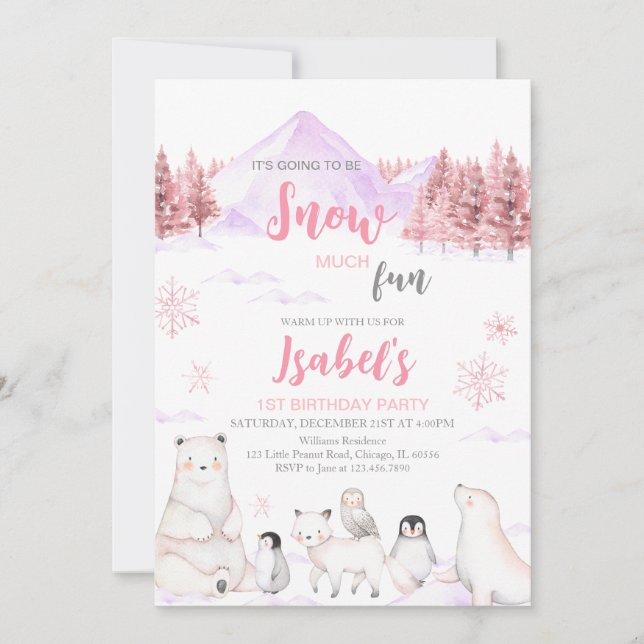 Invitation d'anniversaire Animaux Arctiques Rose (Devant)