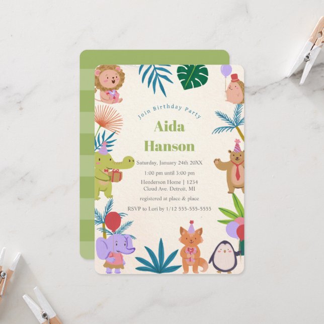 Invitation d'anniversaire Animaux de Fête (Devant/Arrière en situation)