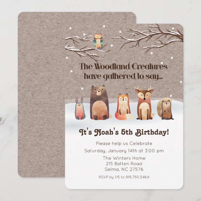 Invitation d'anniversaire Animaux de la forêt (Devant / Derrière)