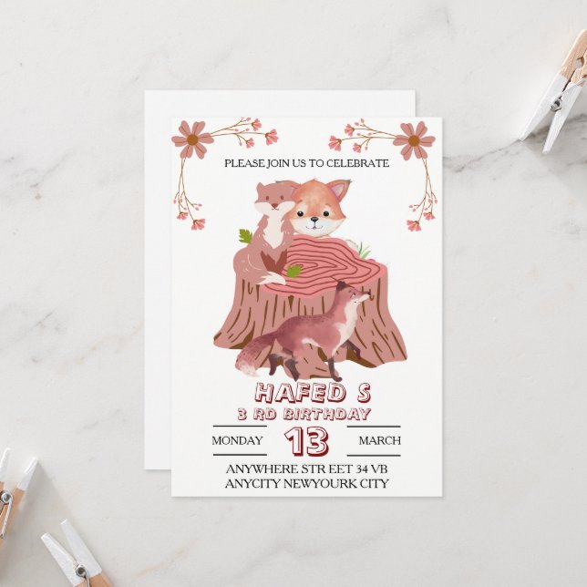 Invitation d'anniversaire Animaux de la forêt : Fo (Devant/Arrière en situation)