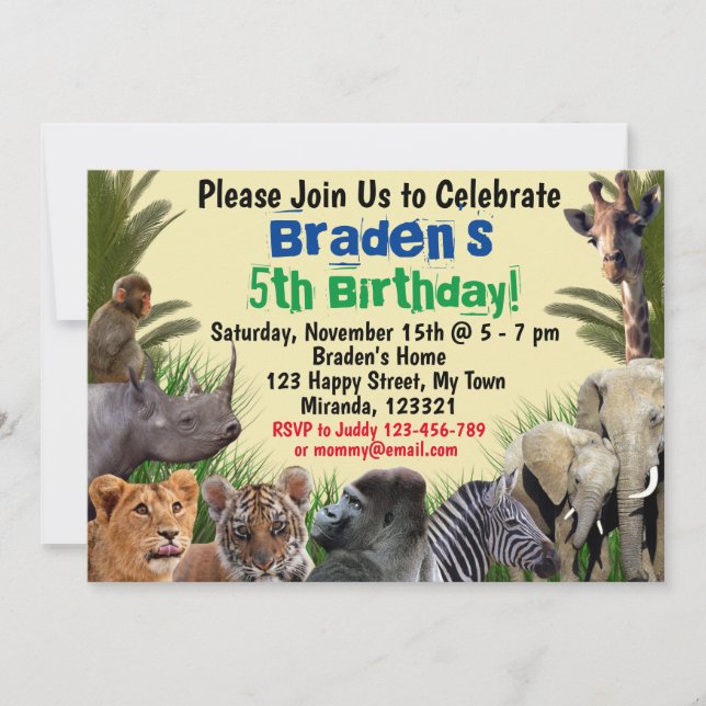 Invitation d'anniversaire animaux de la jungle saf (Devant)
