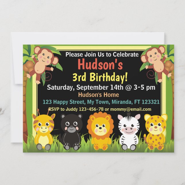 Invitation d'anniversaire animaux de la jungle saf (Devant)