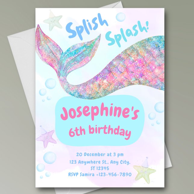 Invitation d'anniversaire aquarelle de sirène colo (Créateur téléchargé)