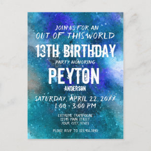 Invitation d'anniversaire aquarelle Galaxie Bleu A