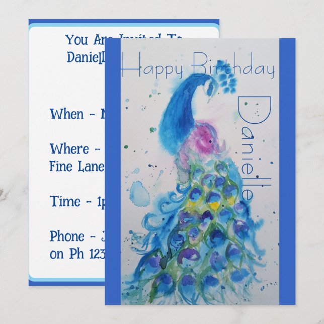 Invitation d'anniversaire aquarelle Paon Bleu (Devant / Derrière)