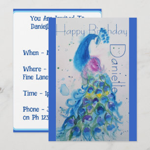 Invitation d'anniversaire aquarelle Paon Bleu