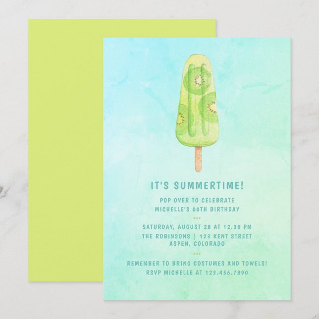 Invitation d'anniversaire aquarelle Popsicle d'été (Devant / Derrière)