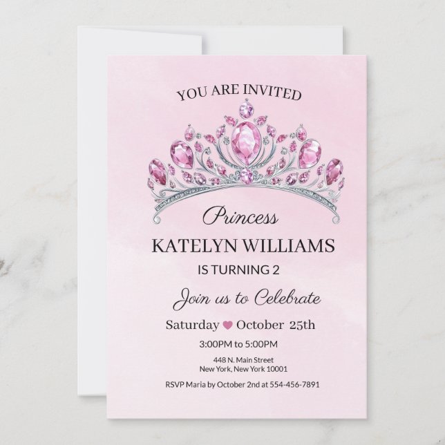 Invitation d'anniversaire aquarelle Princesse Rose (Devant)