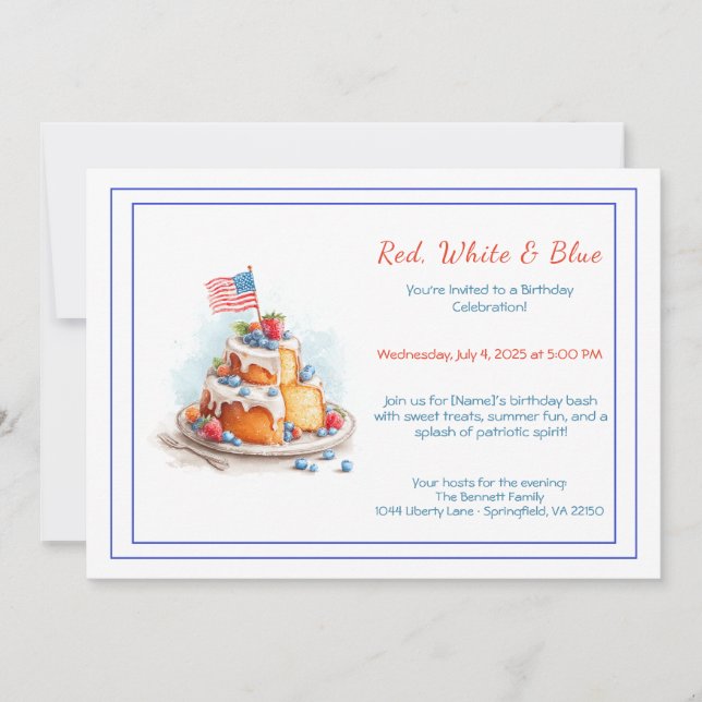 Invitation d'anniversaire aquarelle rouge blanc et (Devant)