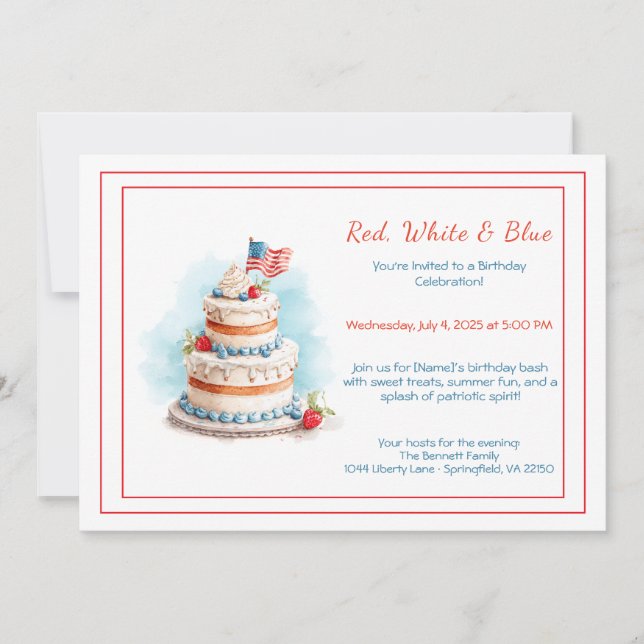 Invitation d'anniversaire aquarelle rouge blanc et (Devant)