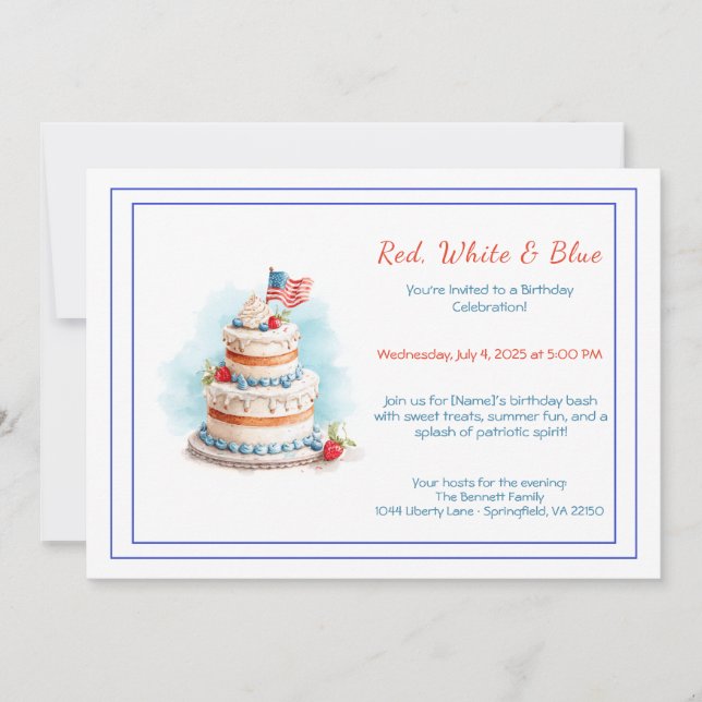 Invitation d'anniversaire aquarelle rouge blanc et (Devant)