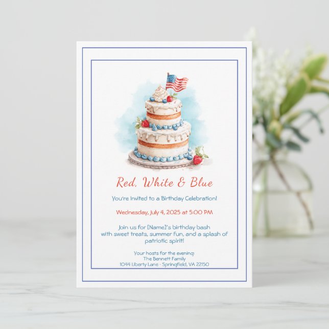 Invitation d'anniversaire aquarelle rouge blanc et (Debout devant)