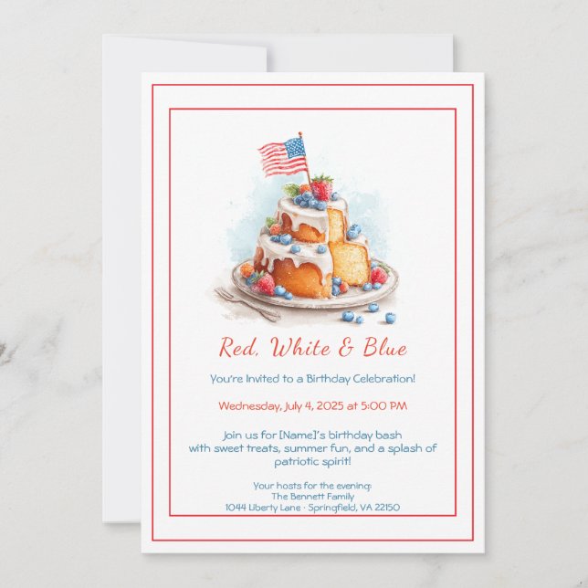 Invitation d'anniversaire aquarelle rouge blanc et (Devant)